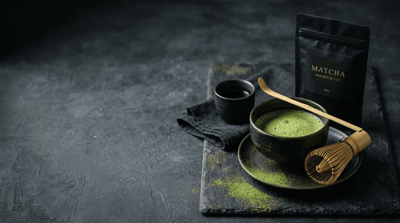 Matcha ceremonial — bolsa, chawan y batidor; preparación tradicional Contrabando