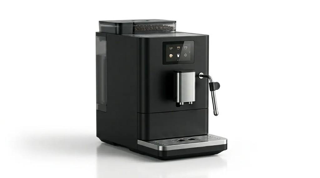 Cafetera espresso automática en estudio — pantalla táctil, tolva de grano y vapor profesional Contrabando