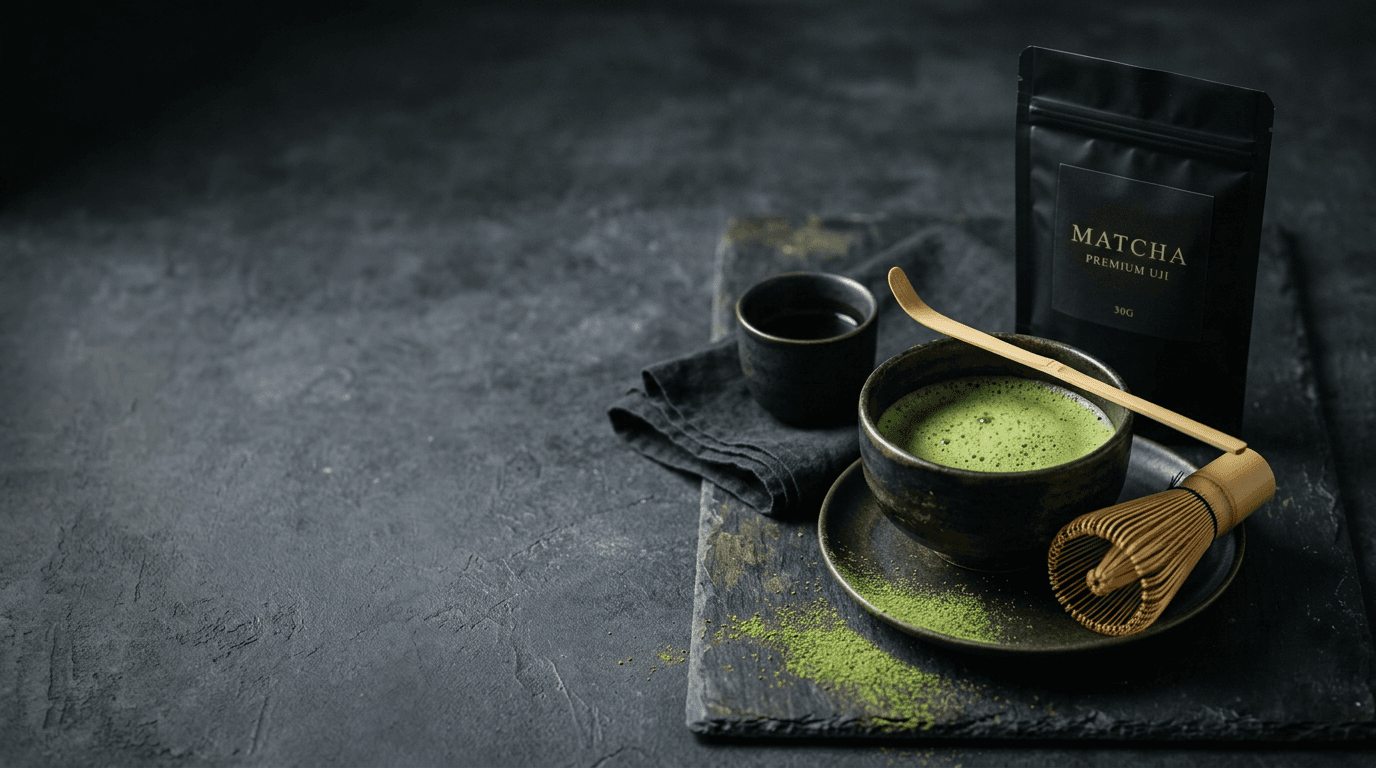 Matcha ceremonial — bolsa, chawan y batidor; preparación tradicional Contrabando