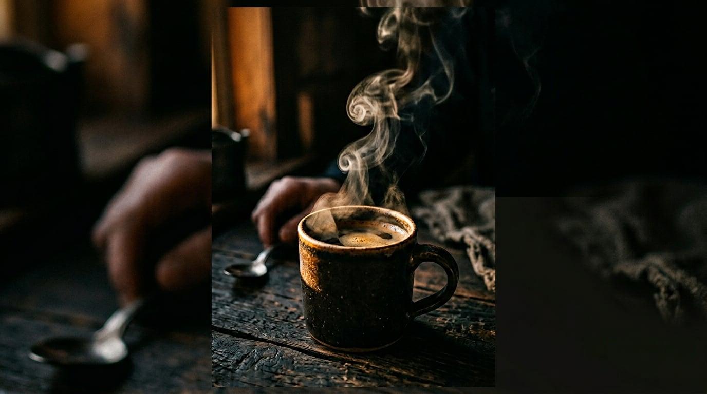 Taza de café recién servido, atmósfera cálida y ritual en casa