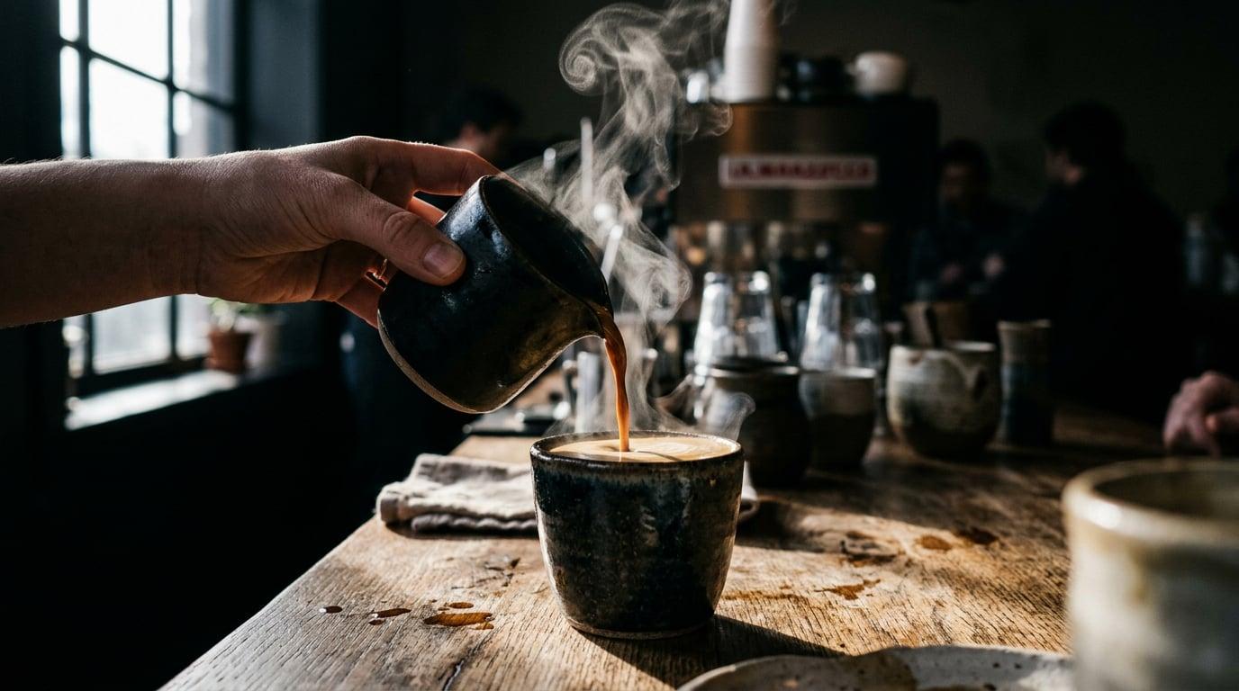 Servir café en taza, vapor y ritual