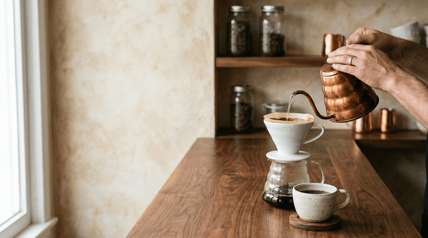Preparació de cafè de filtre amb bàscula i tassa ceràmica, llum editorial càlida
