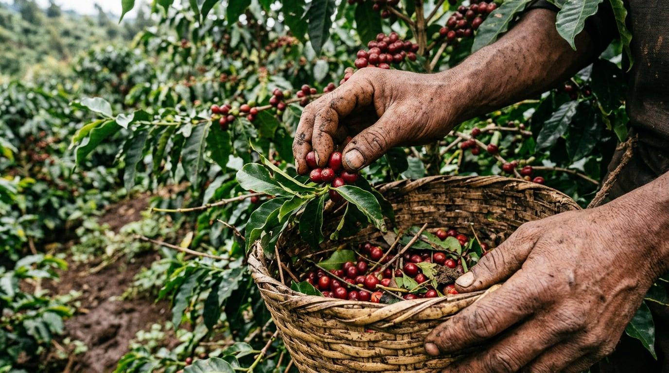Manos en la cosecha — trabajo silencioso con la cereza del café