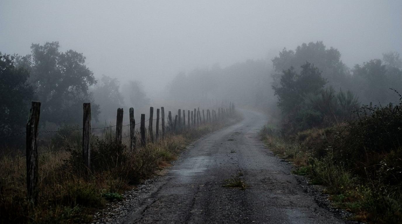 Carretera rural en niebla — tensión documental de la frontera seca hispano-lusa