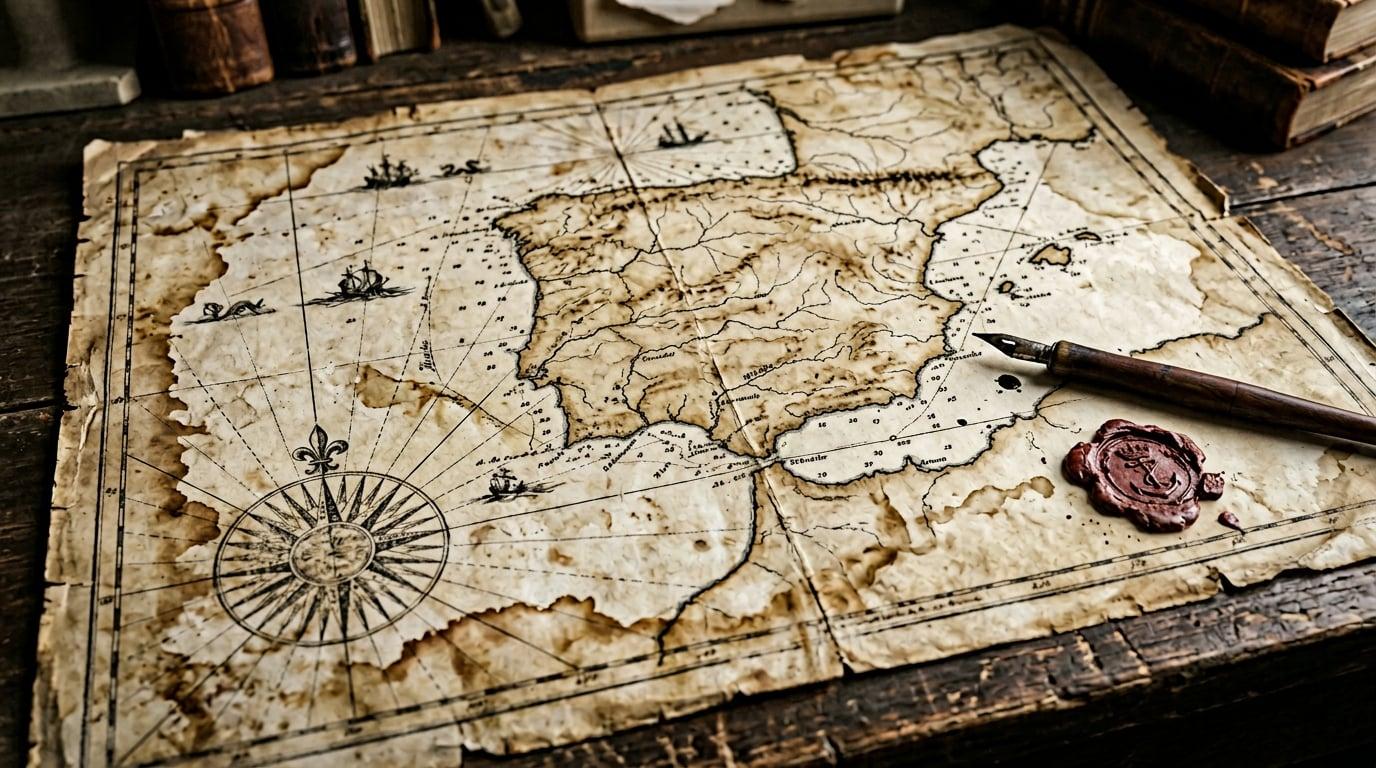 Mapa envejecido y pluma, sensación de archivo
